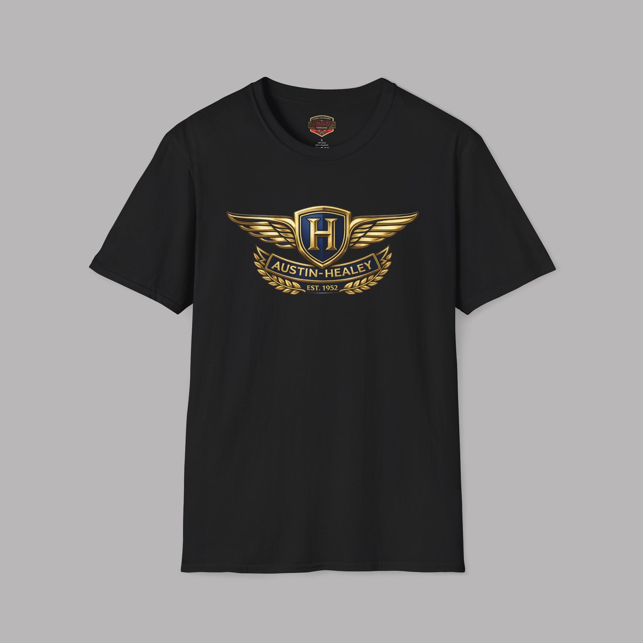 Navy blue t-shirt with Austin-Healey logo on gray background