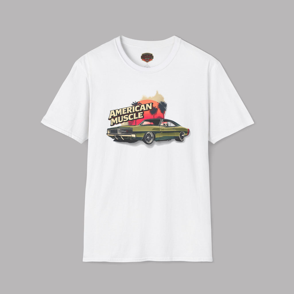 White t-shirt with 'American Muscle' graphic design featuring a car on a gray background