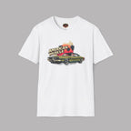 White t-shirt with 'American Muscle' graphic design featuring a car on a gray background