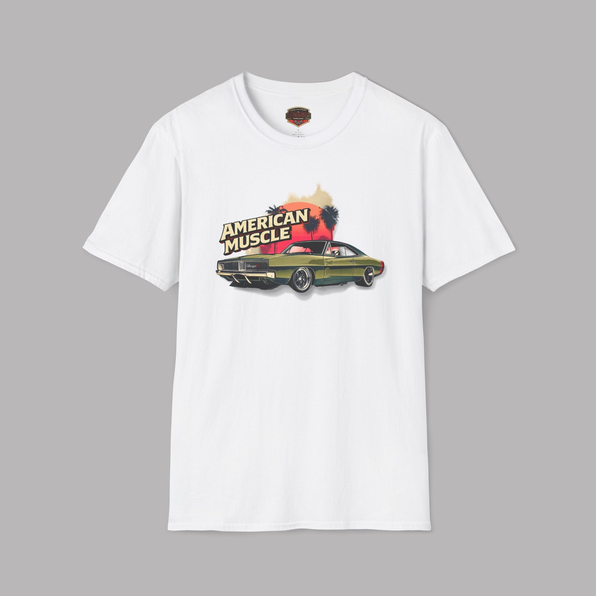 White t-shirt with 'American Muscle' graphic design featuring a car on a gray background