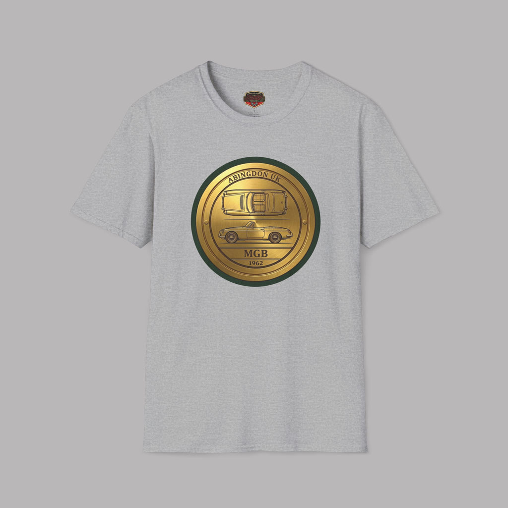 Sport gray t-shirt with a gold and green classic car emblem on a gray background