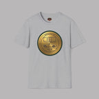 Sport gray t-shirt with a gold and green classic car emblem on a gray background