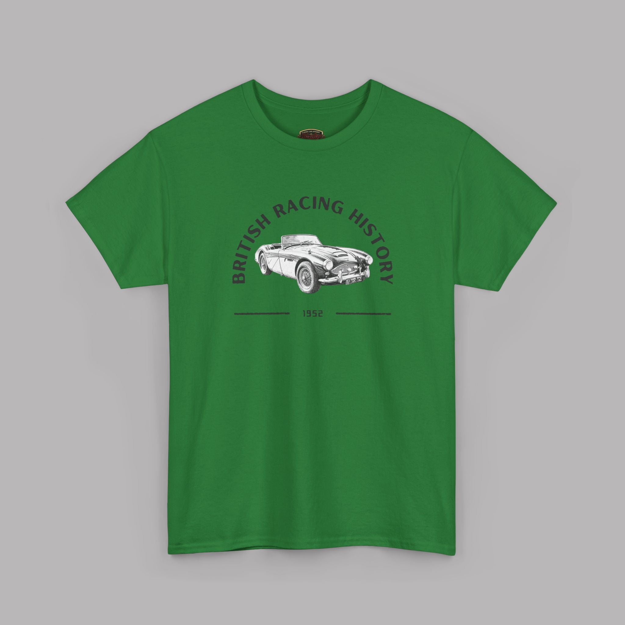 Irish green t-shirt with a graphic of a classic car and text on a gray background