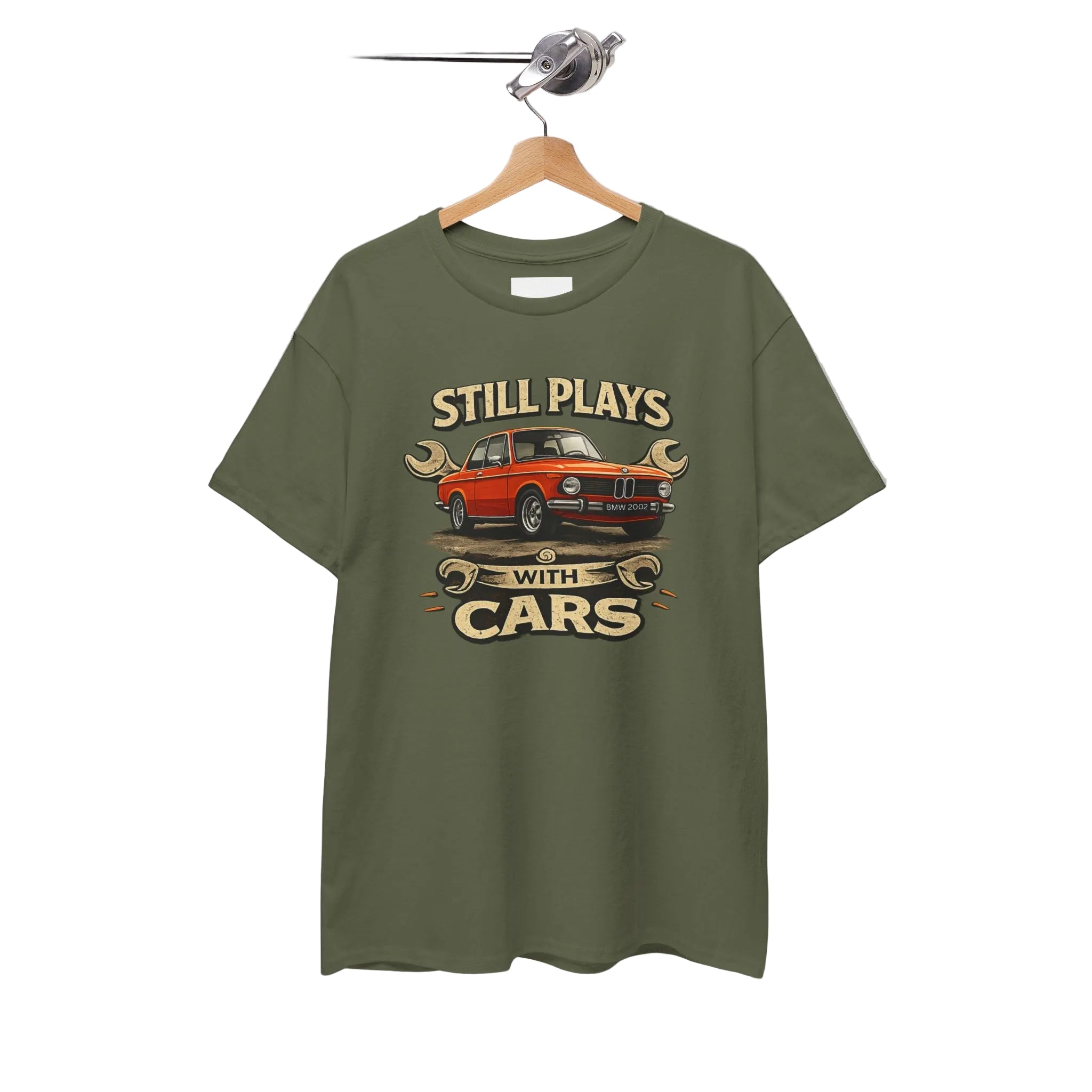 Military green t-shirt with car graphic and text on a hanger against a white background