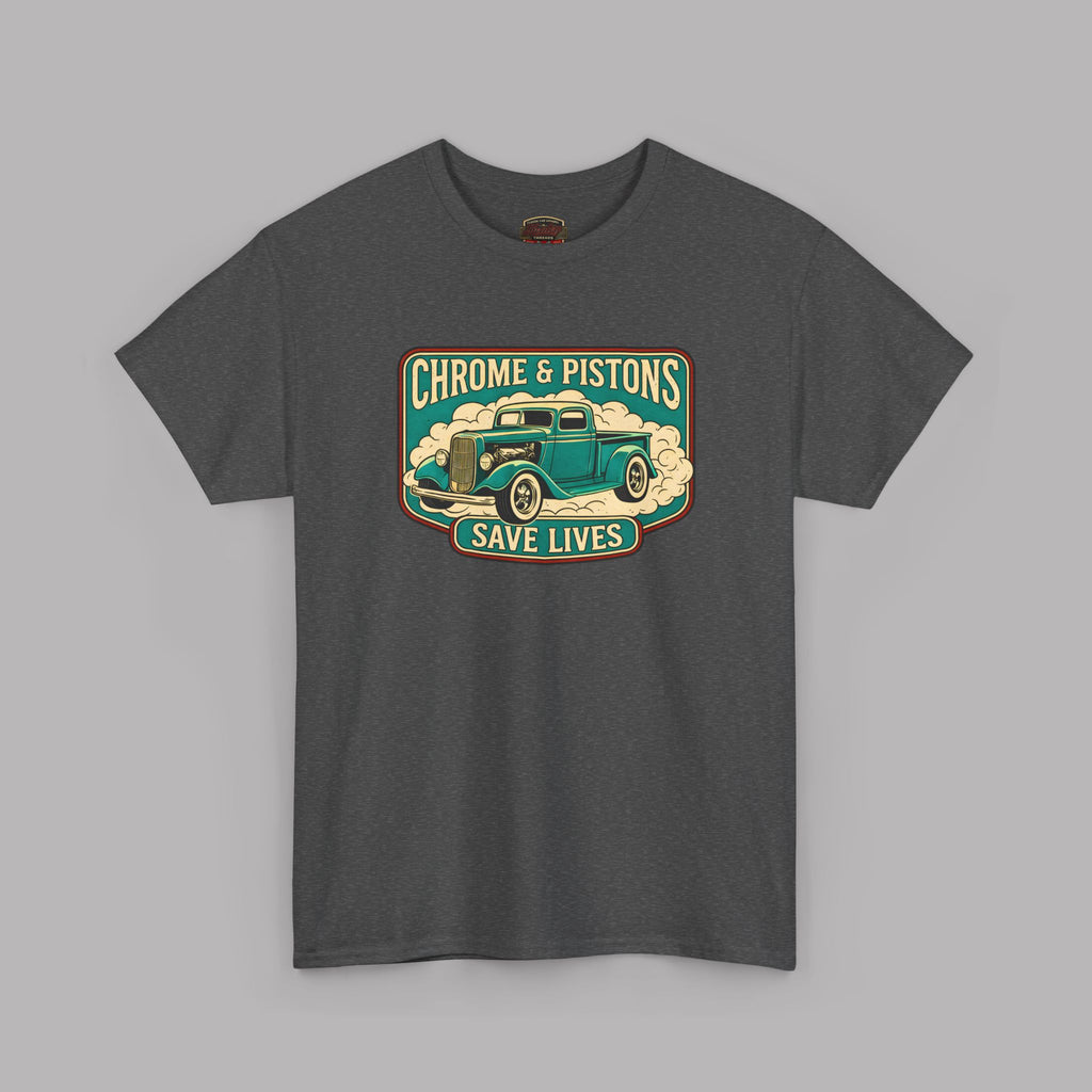 Chrome and Pistons T-Shirt – Vintage Hot Rod Graphic Tee