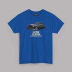Royal blue t-shirt with a black car graphic and 'Low Slow Legendary' text on a gray background
