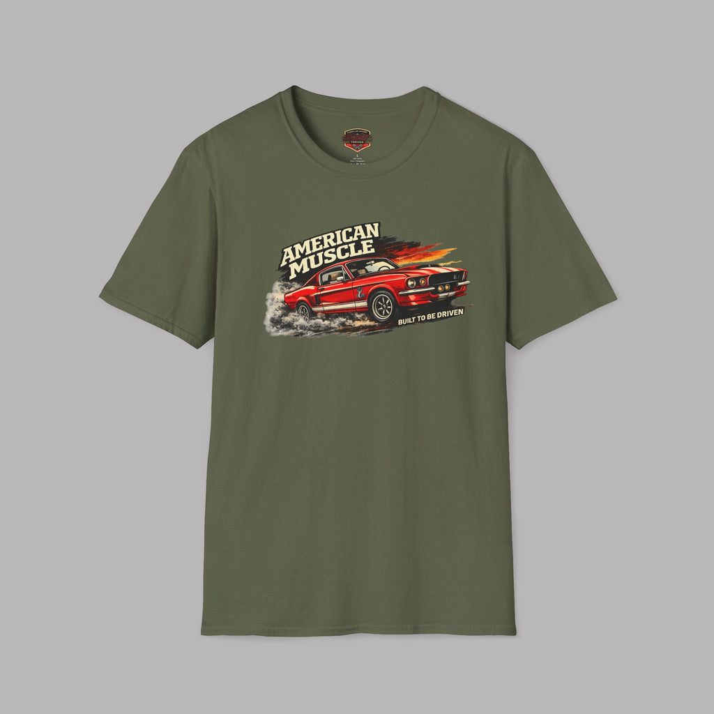 Military green t-shirt with a graphic of a red muscle car and 'American Muscle' text on a gray background