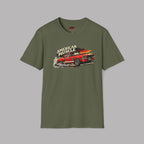 Military green t-shirt with a graphic of a red muscle car and 'American Muscle' text on a gray background