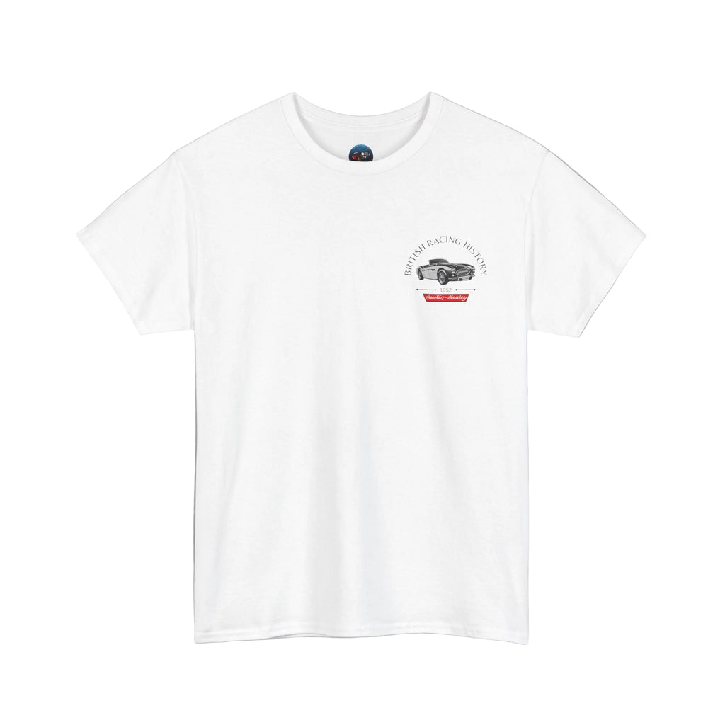 White t-shirt with a Healey graphic design on a white background