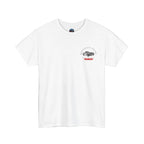 White t-shirt with a Healey graphic design on a white background
