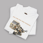 Folded white t-shirt with motorcycle graphic and text on a gray background