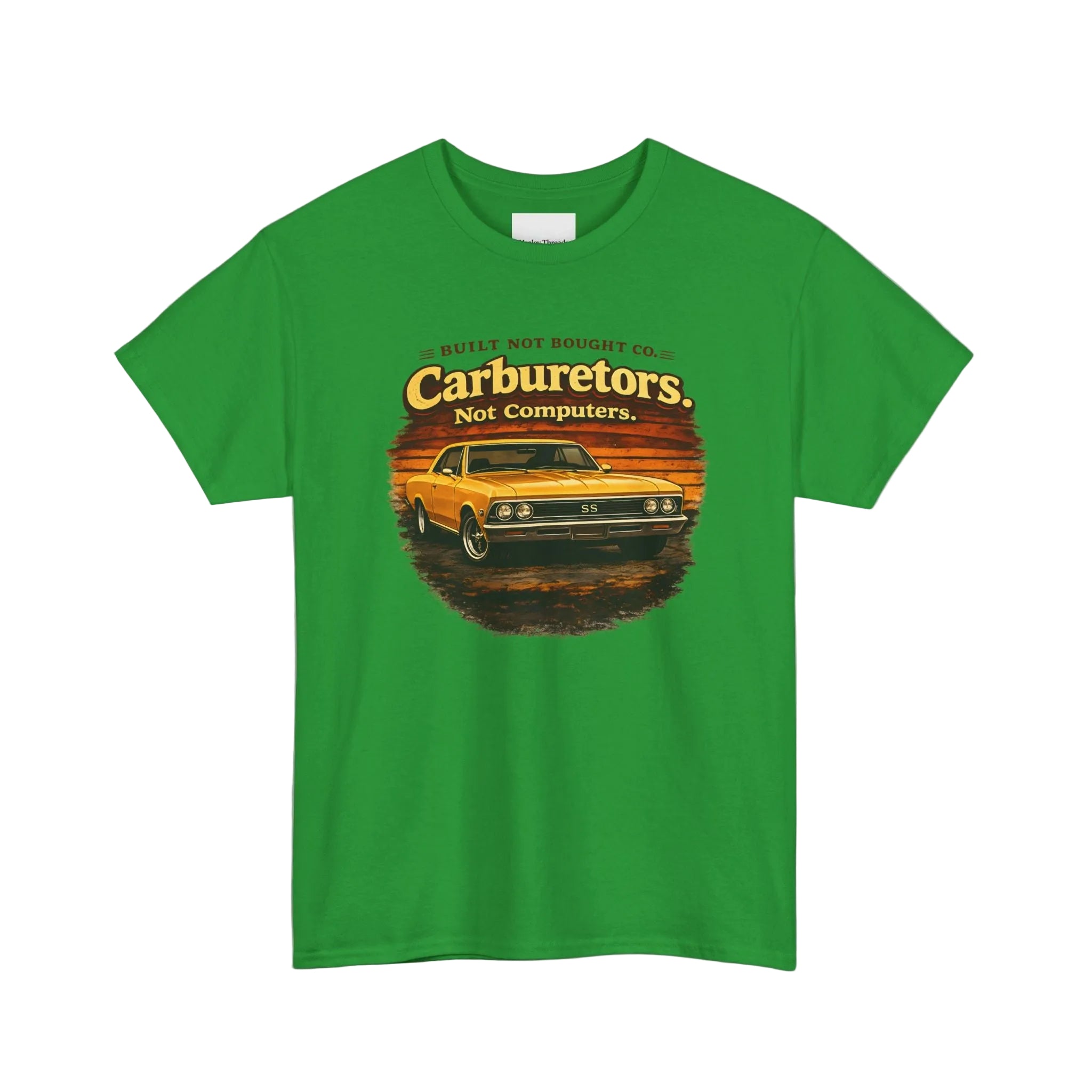 Irish green t-shirt with a graphic of a car and text on a white background