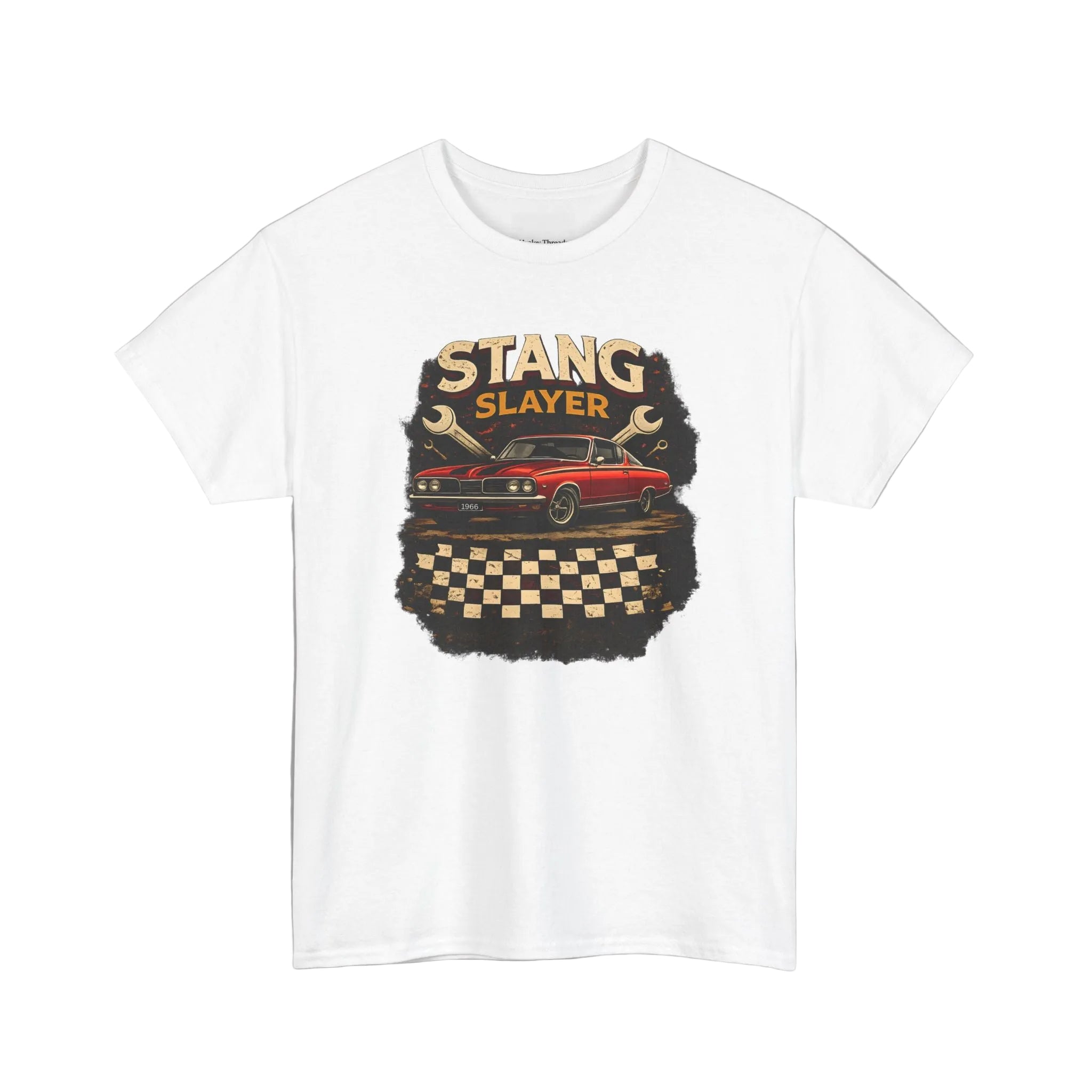 White t-shirt with 'Stang Slayer' graphic design on a white background