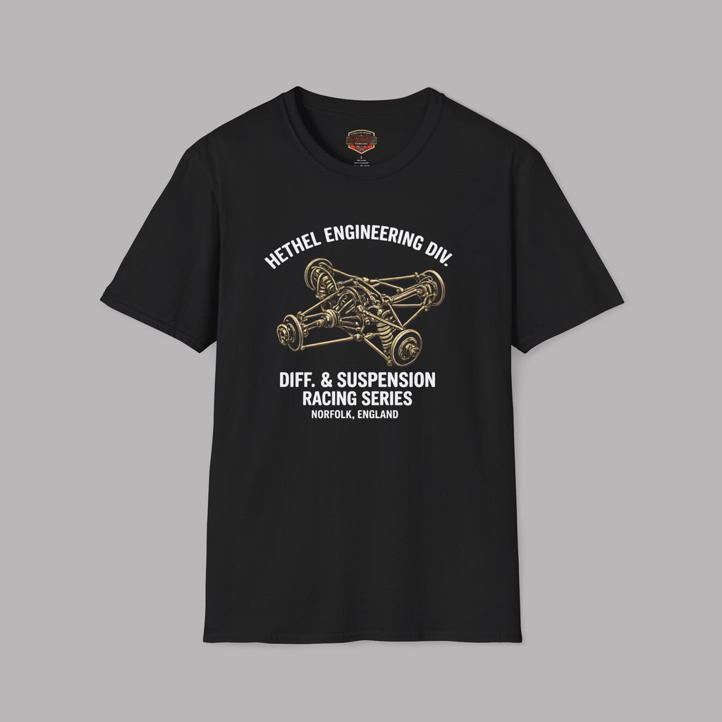 Black t-shirt with automotive graphic and text on a gray background