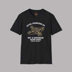 Black t-shirt with automotive graphic and text on a gray background