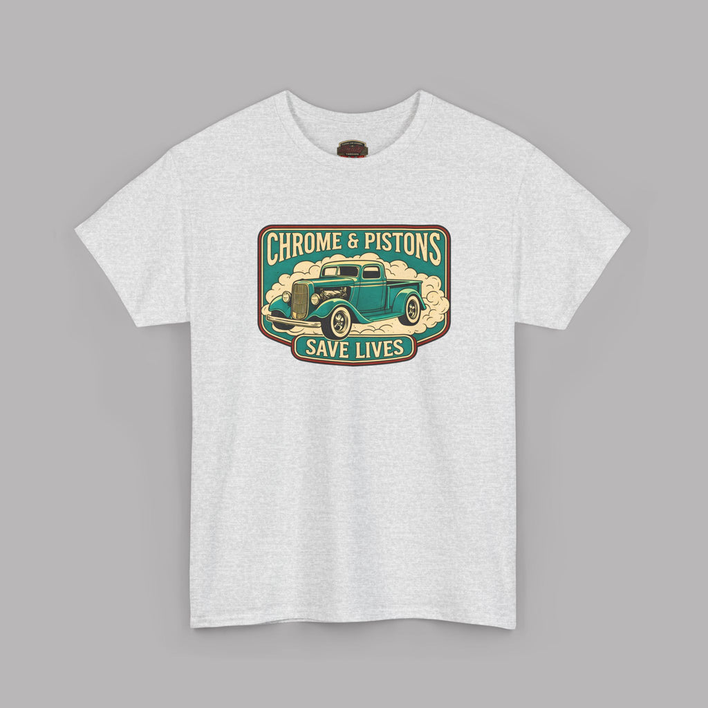 Chrome and Pistons T-Shirt – Vintage Hot Rod Graphic Tee