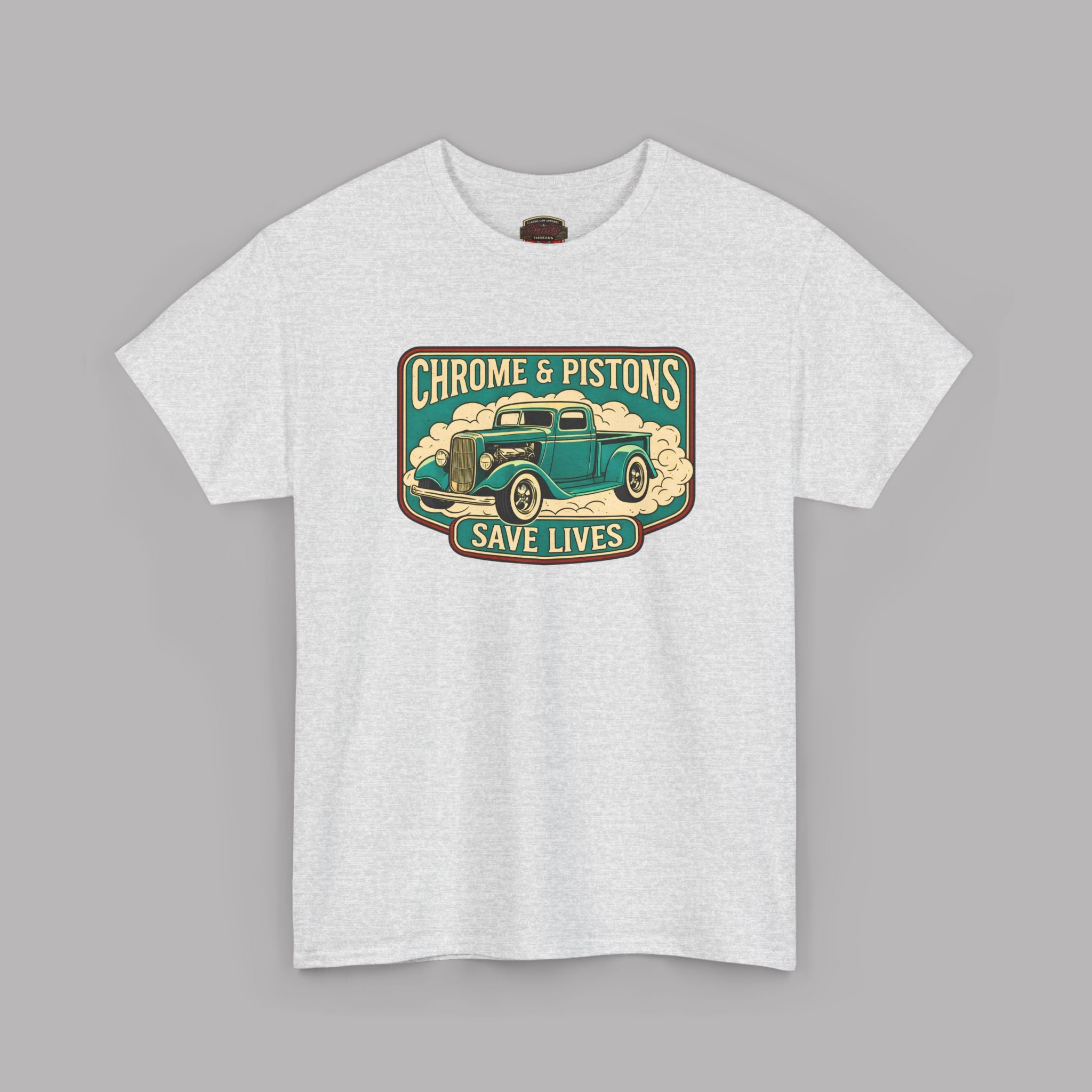 Chrome and Pistons T-Shirt – Vintage Hot Rod Graphic Tee