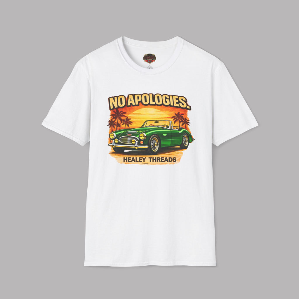 White t-shirt with a graphic of a green classic car and 'No Apologies' text on a gray background