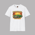 White t-shirt with a graphic of a green classic car and 'No Apologies' text on a gray background