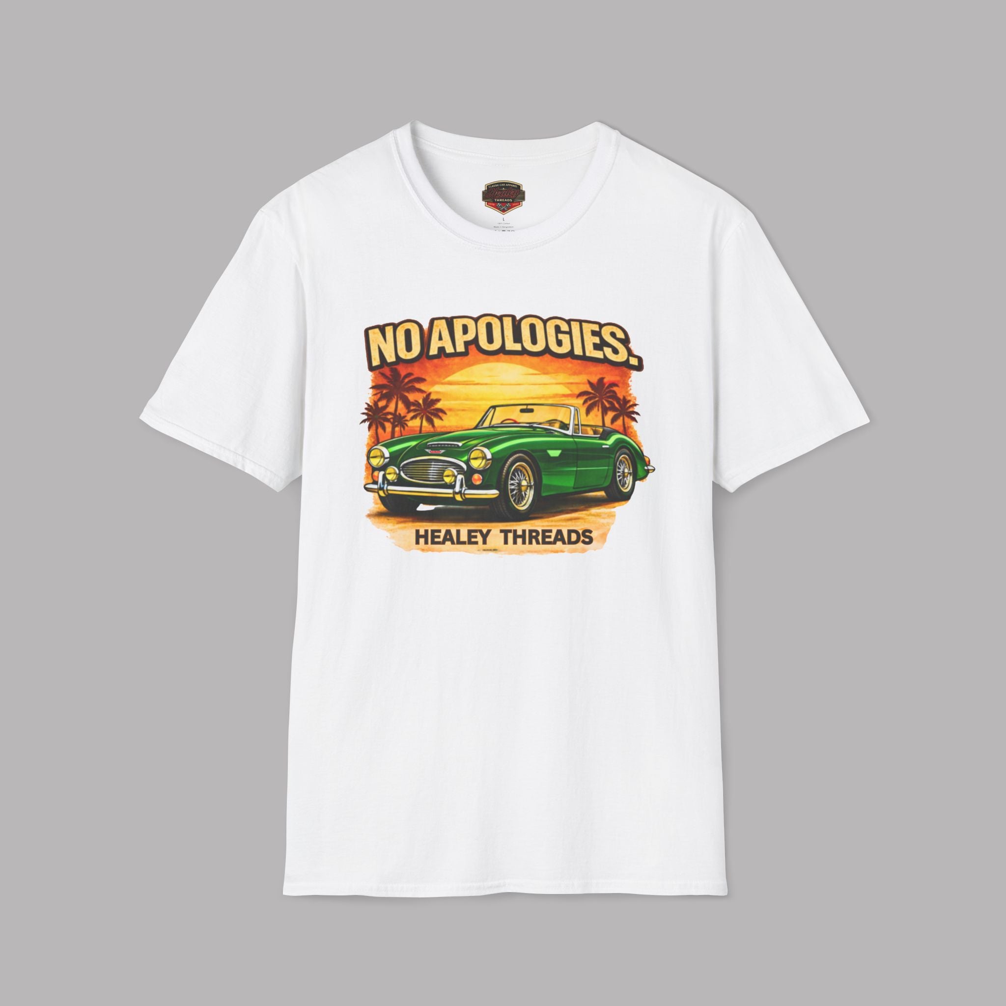 White t-shirt with a graphic of a green classic car and 'No Apologies' text on a gray background