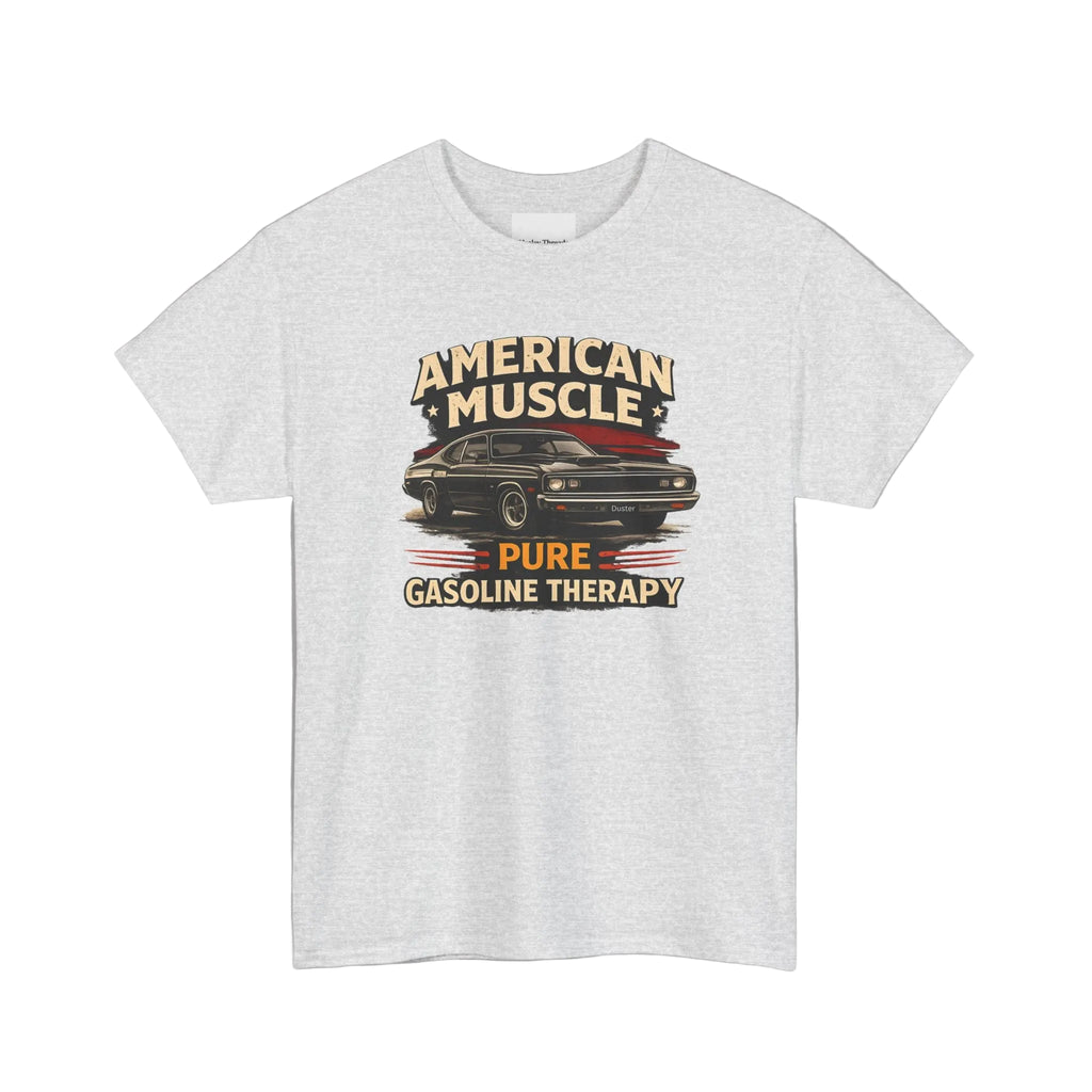 Gray t-shirt with 'American Muscle' graphic design on a white background