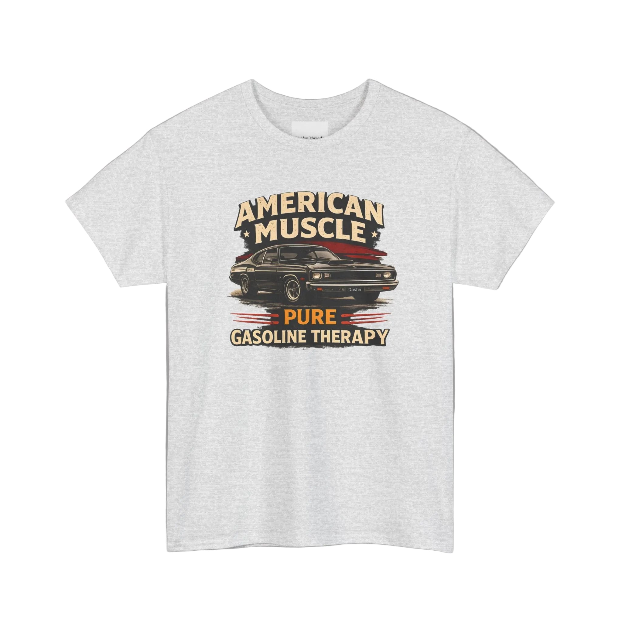Gray t-shirt with 'American Muscle' graphic design on a white background