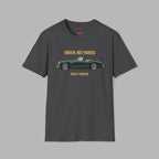 Dark heather t-shirt with a black graphic design on a white background