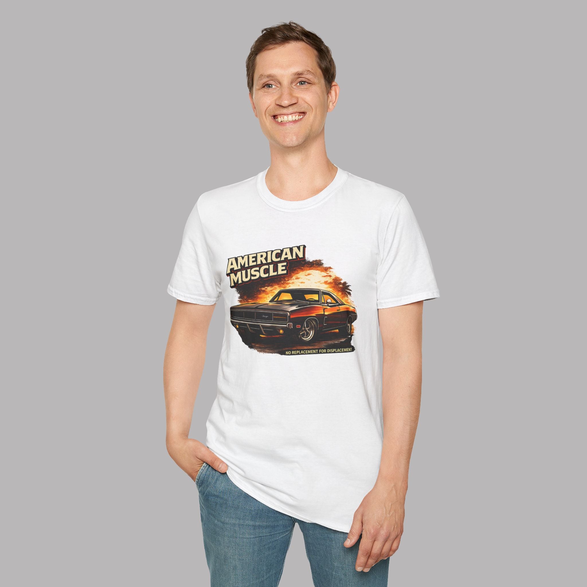 Man wearing a white t-shirt with 'American Muscle' graphic design on a gray background