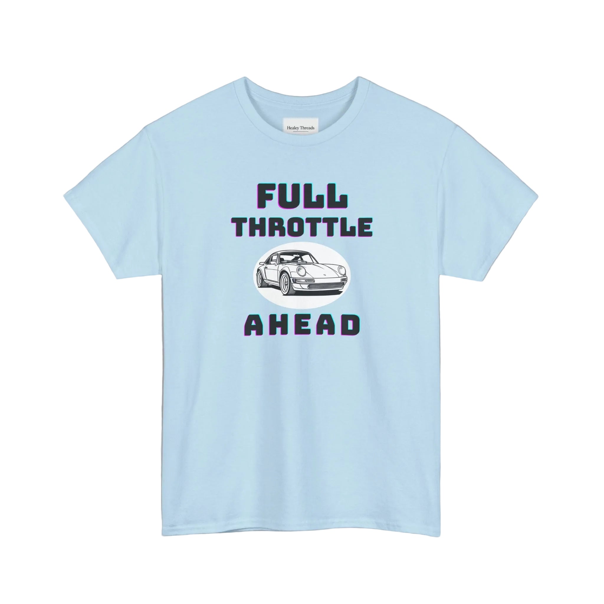 Light blue t-shirt with 'Full Throttle Ahead' text and car graphic on a white background
