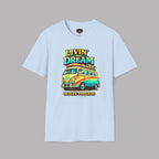 Light blue t-shirt with a colorful van graphic and 'Livin' the Dream' text on a gray background