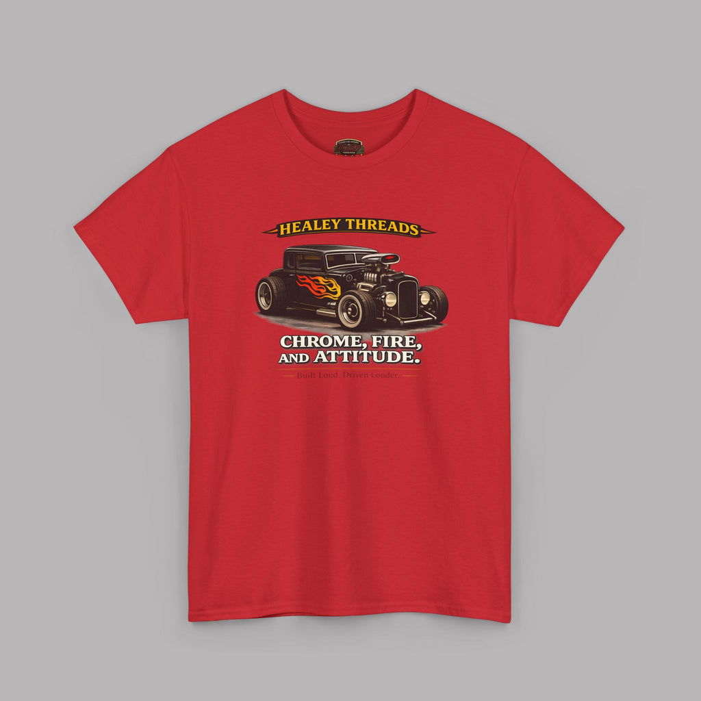 Red t-shirt with a graphic of a hot rod and text on a gray background