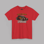Red t-shirt with a graphic of a hot rod and text on a gray background