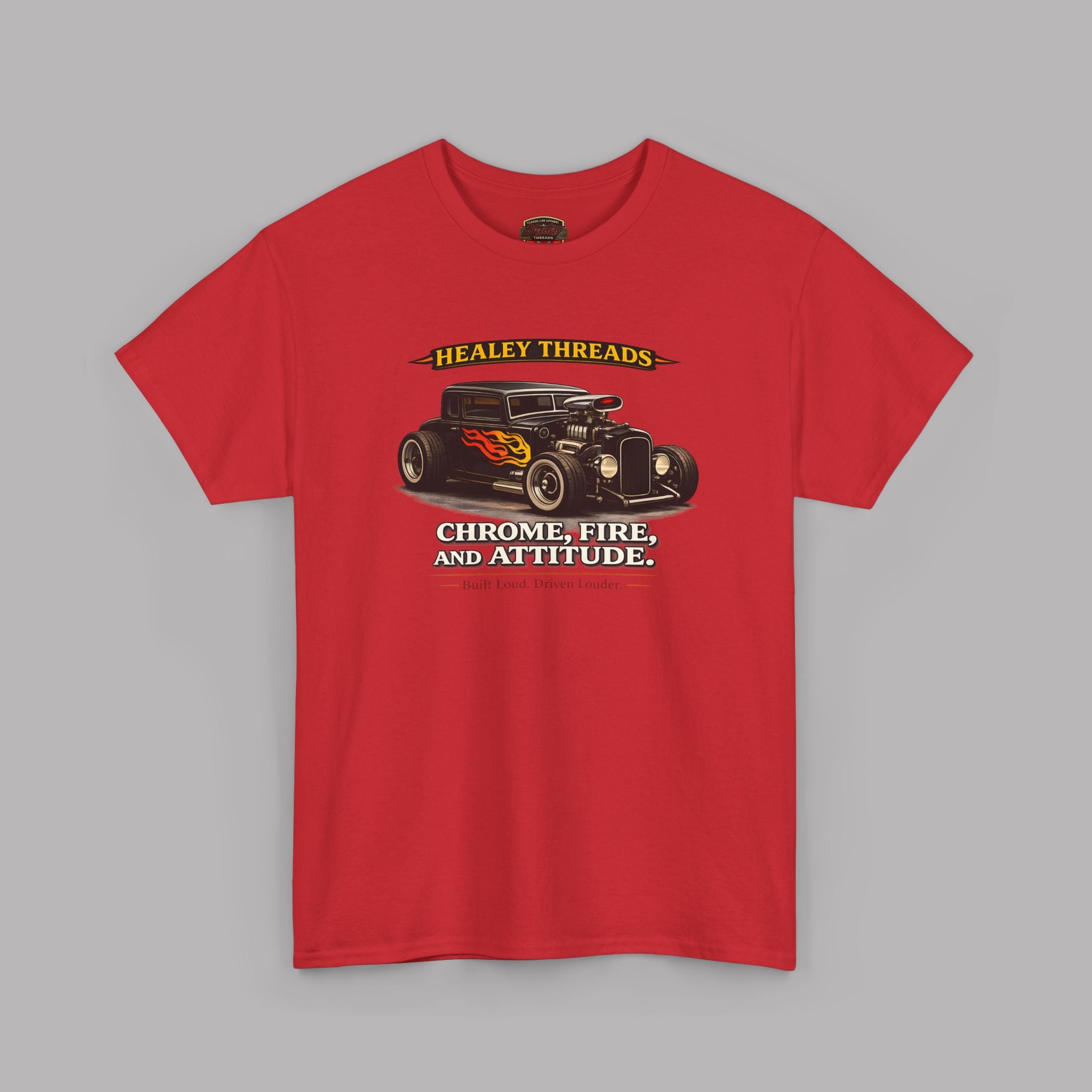Red t-shirt with a graphic of a hot rod and text on a gray background