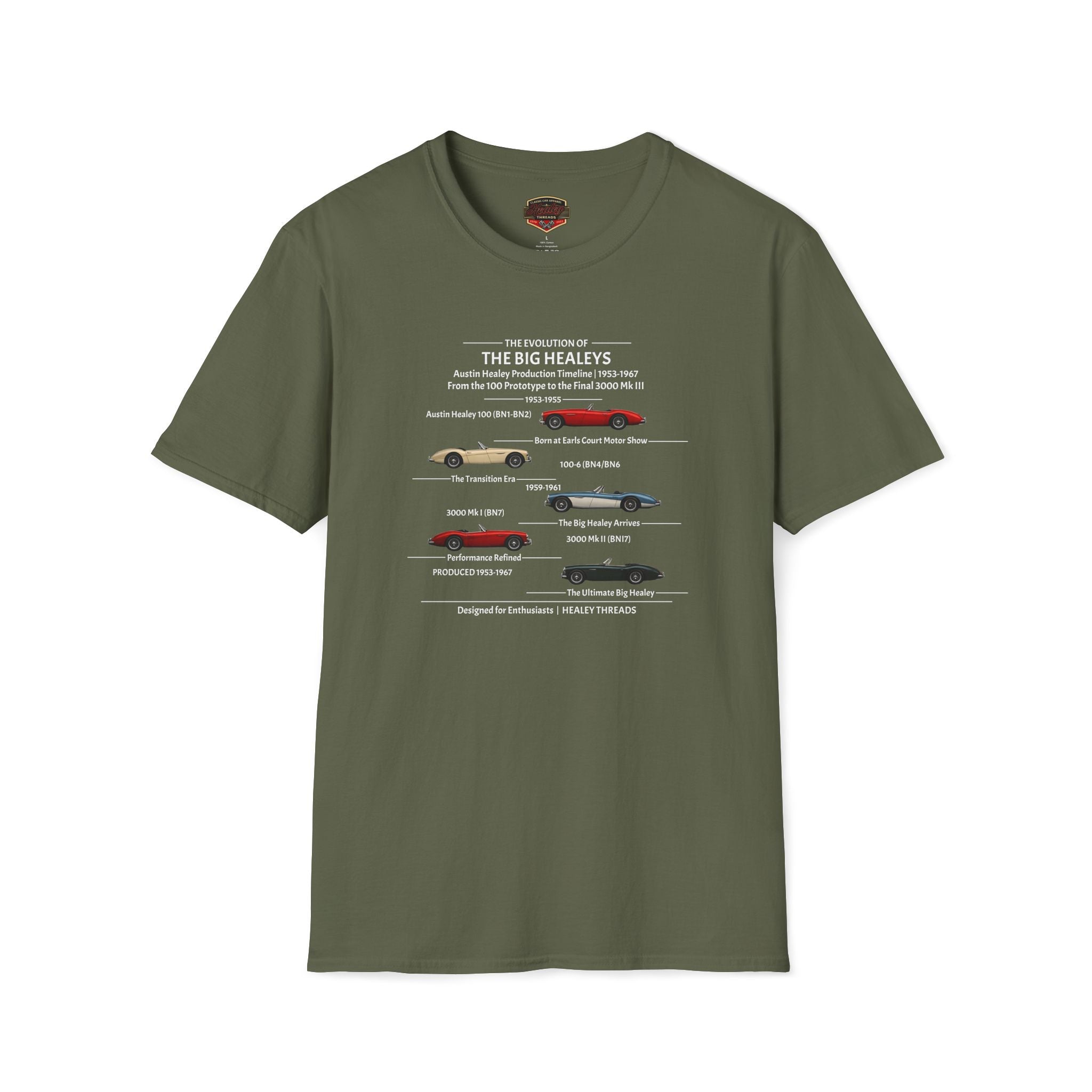 Military green Austin-Healey timeline t-shirt (1953–1967 models)
