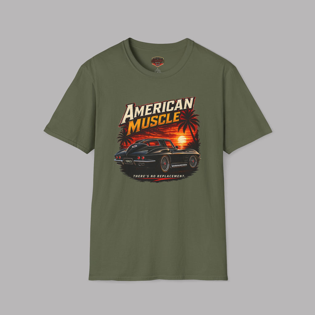 Military green t-shirt with 'American Muscle' car graphic design on a gray background