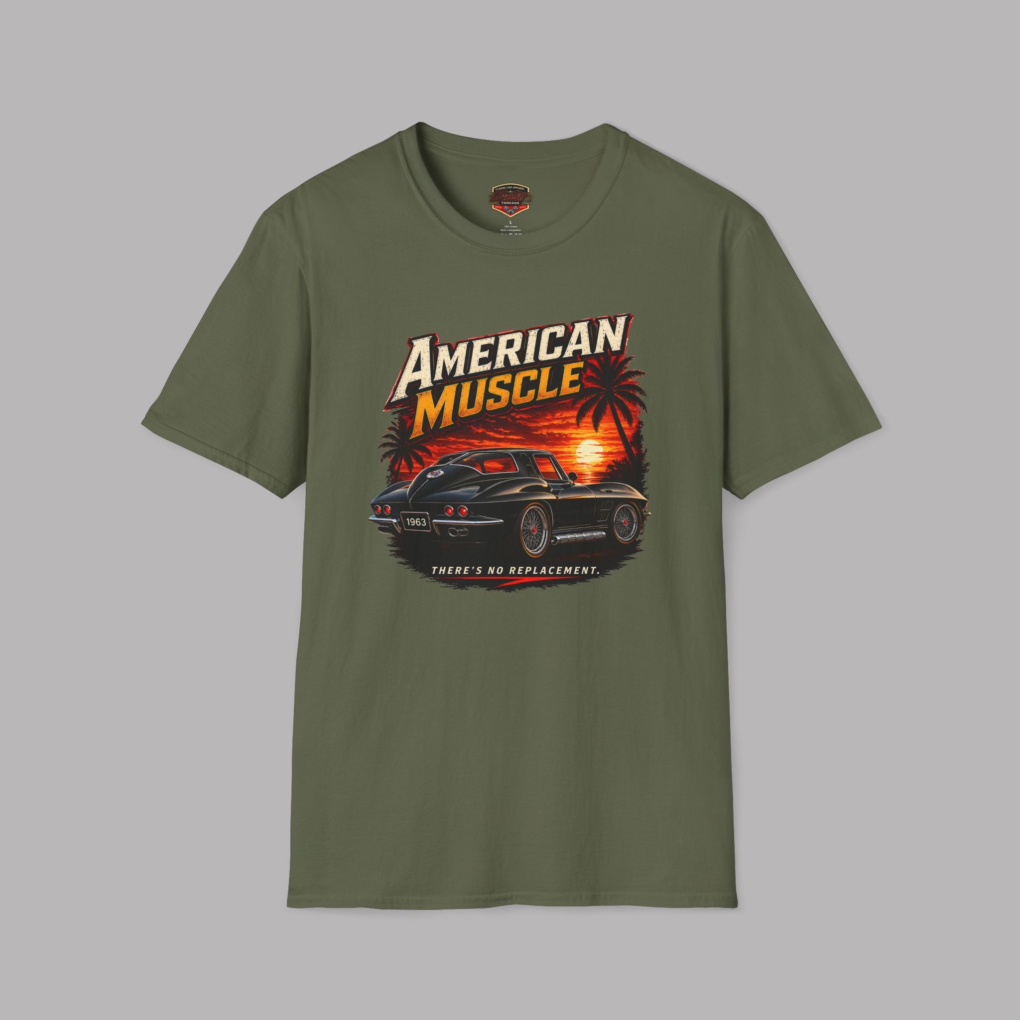 Military green t-shirt with 'American Muscle' car graphic design on a gray background