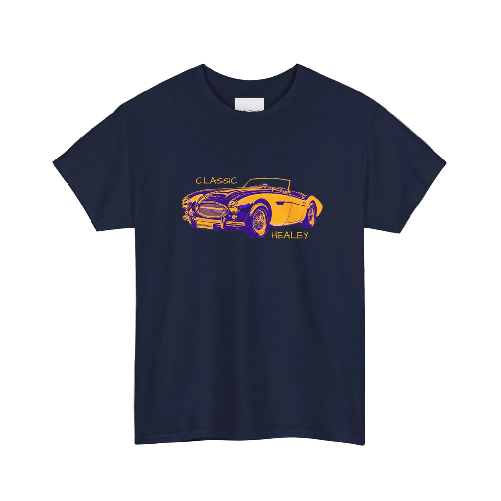Navy blue t-shirt with a classic car graphic on a white background