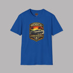 Royal blue t-shirt with 'American Muscle' car graphic design on a gray background