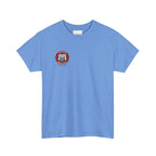 Blue t-shirt with a logo on a white background