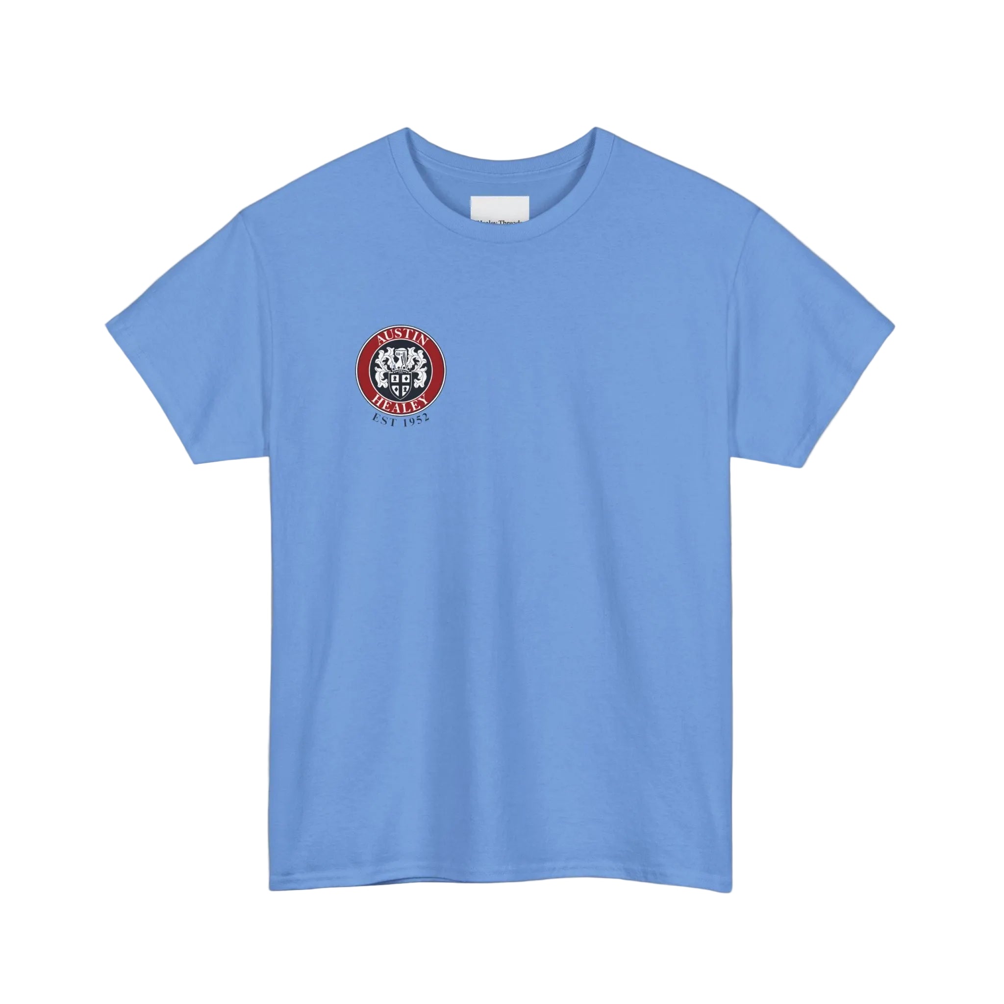 Blue t-shirt with a logo on a white background