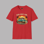 Red t-shirt with a graphic design of a van, palm trees, and 'Sun, Salt, Air' text on a gray background.