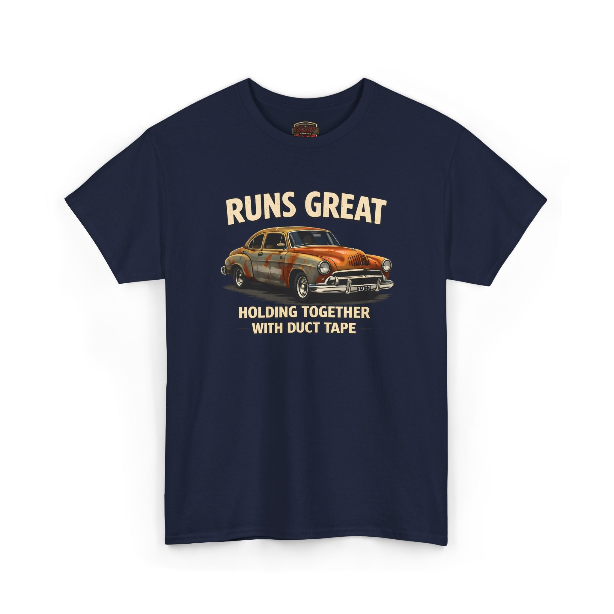 Navy blue t-shirt with vintage car graphic and text on a white background