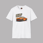 White t-shirt with an orange car graphic and text on a gray background