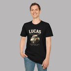 Man wearing a black t-shirt with Lucas Electrical Works graphic and text on a gray background