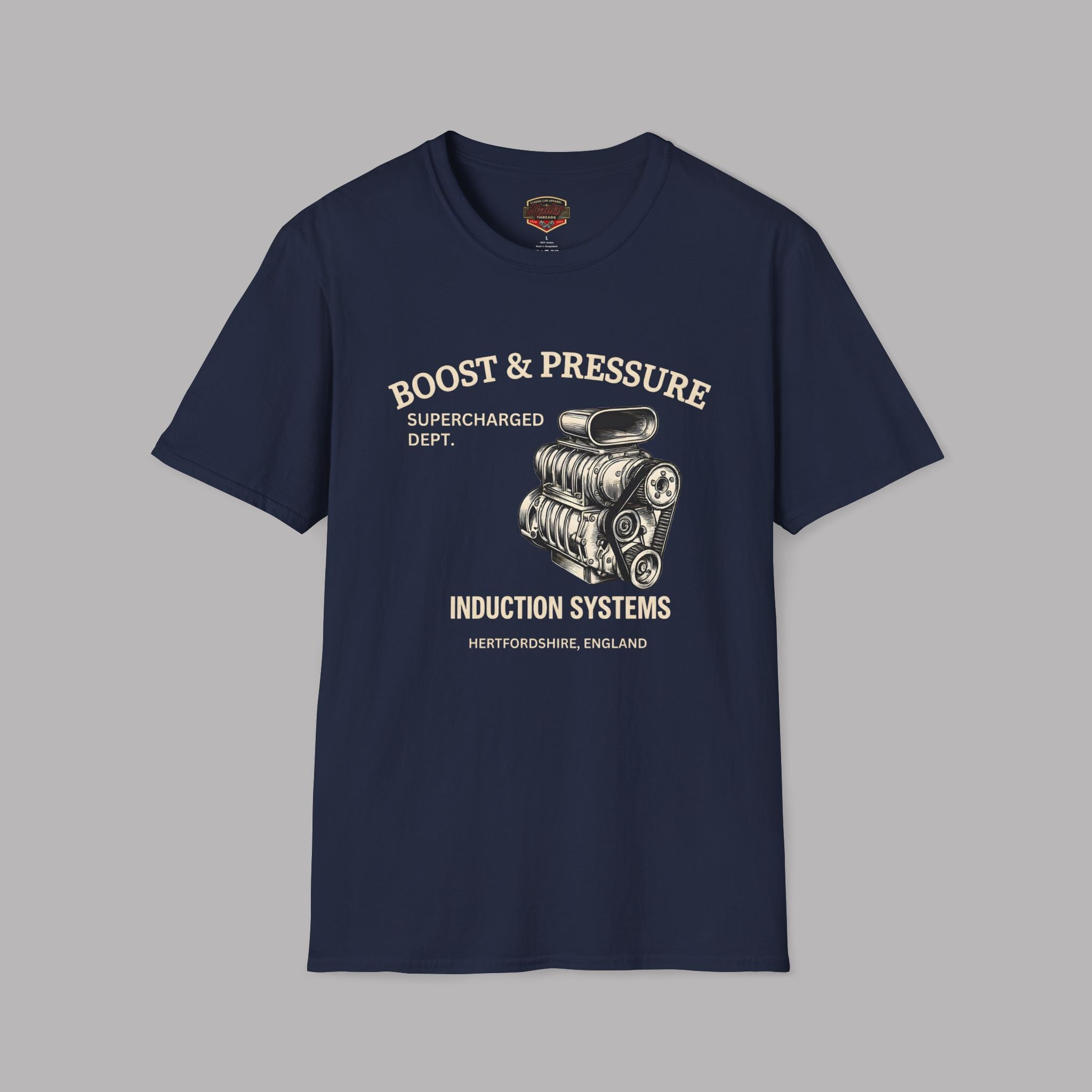 Navy blue t-shirt with supercharged engine graphic and text on a gray background