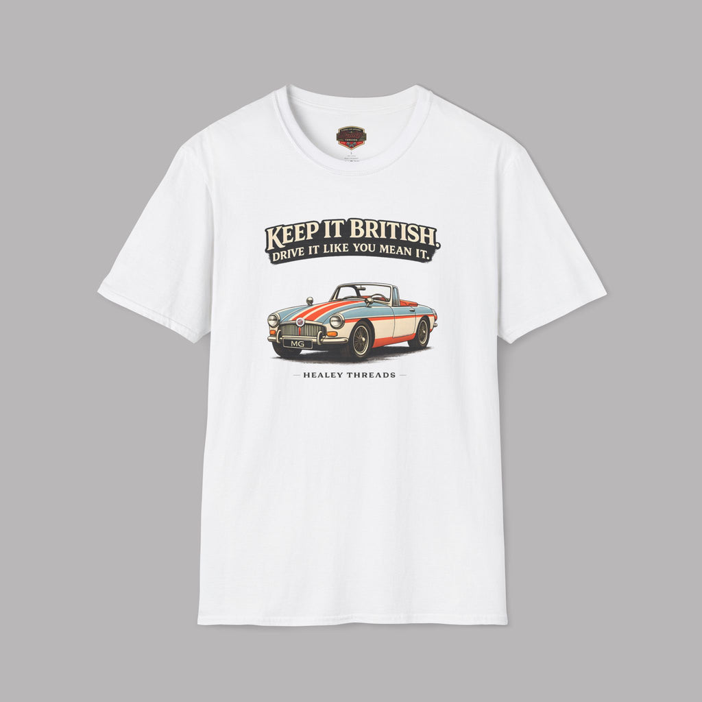 White t-shirt with a MGB car graphic and text on a gray background