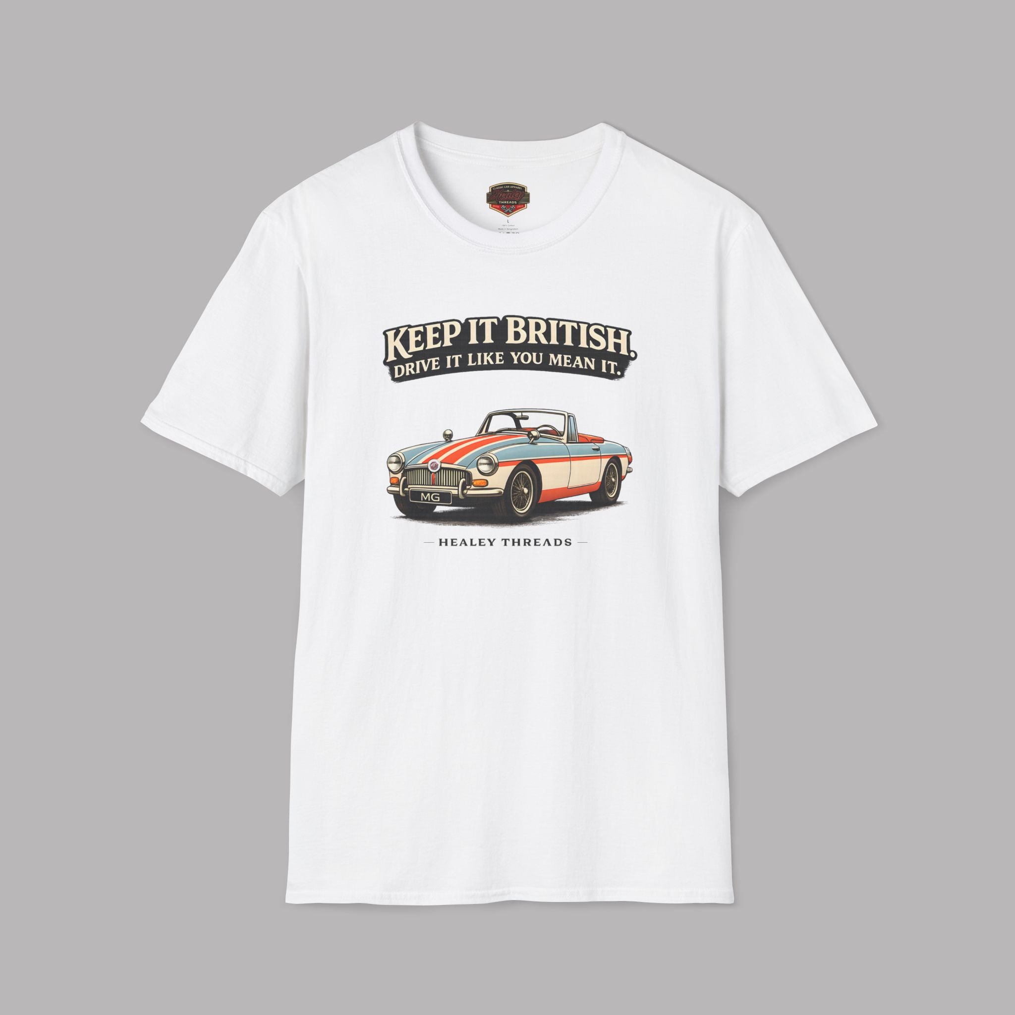 White t-shirt with a MGB car graphic and text on a gray background