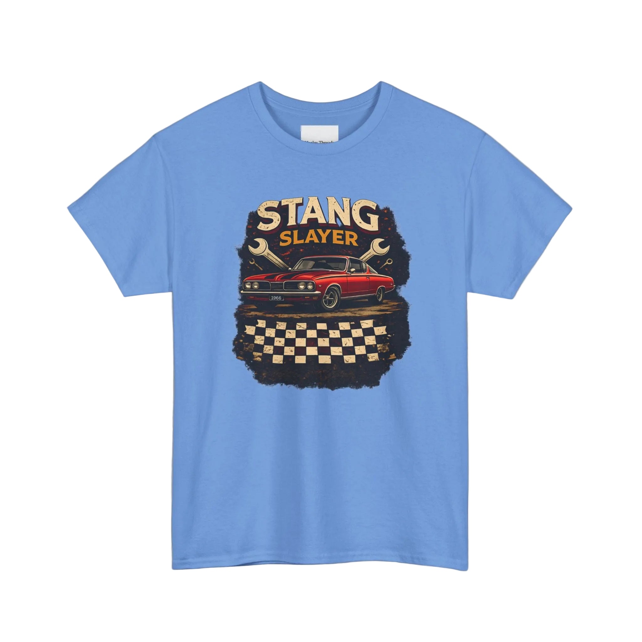 Carolina blue t-shirt with 'Stang Slayer' graphic design on a white background