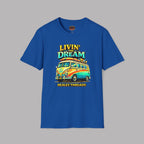 Royal blue t-shirt with a colorful van graphic and 'Livin' the Dream' text on a gray background