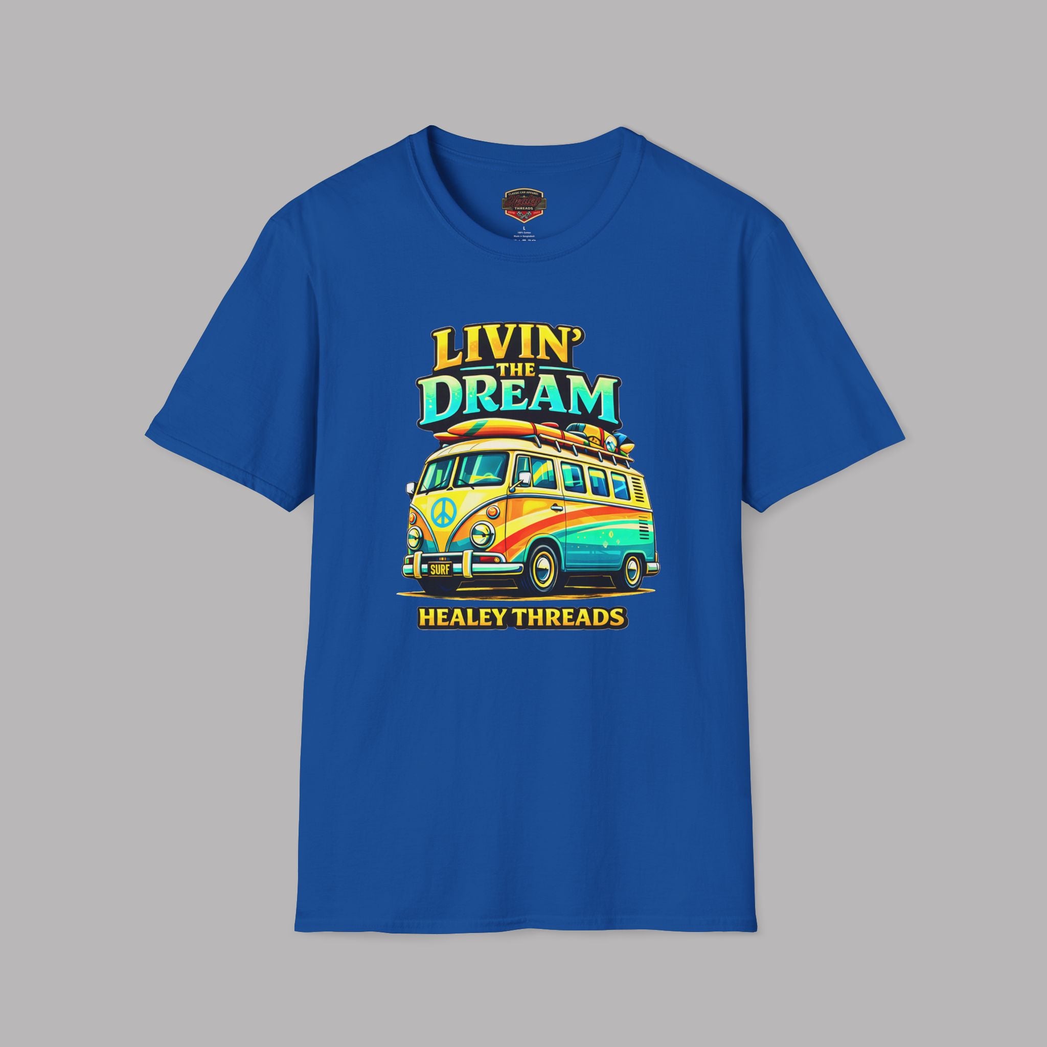 Royal blue t-shirt with a colorful van graphic and 'Livin' the Dream' text on a gray background